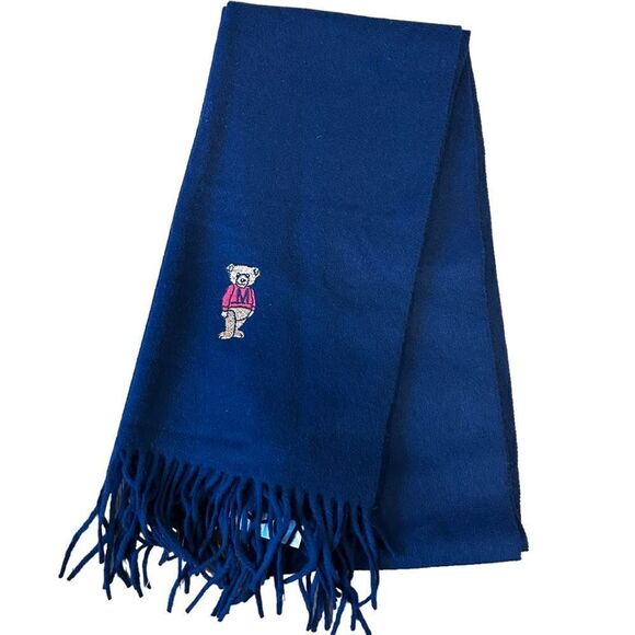 Moschino Vintage Lambswool Navy Fringe Scarf with Teddy Bear Emblem - Picture 1 of 10